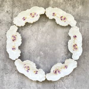 Antique Victoria Carlsbad Austria Purple Floral Hand Painted Bone Dish Set c1891